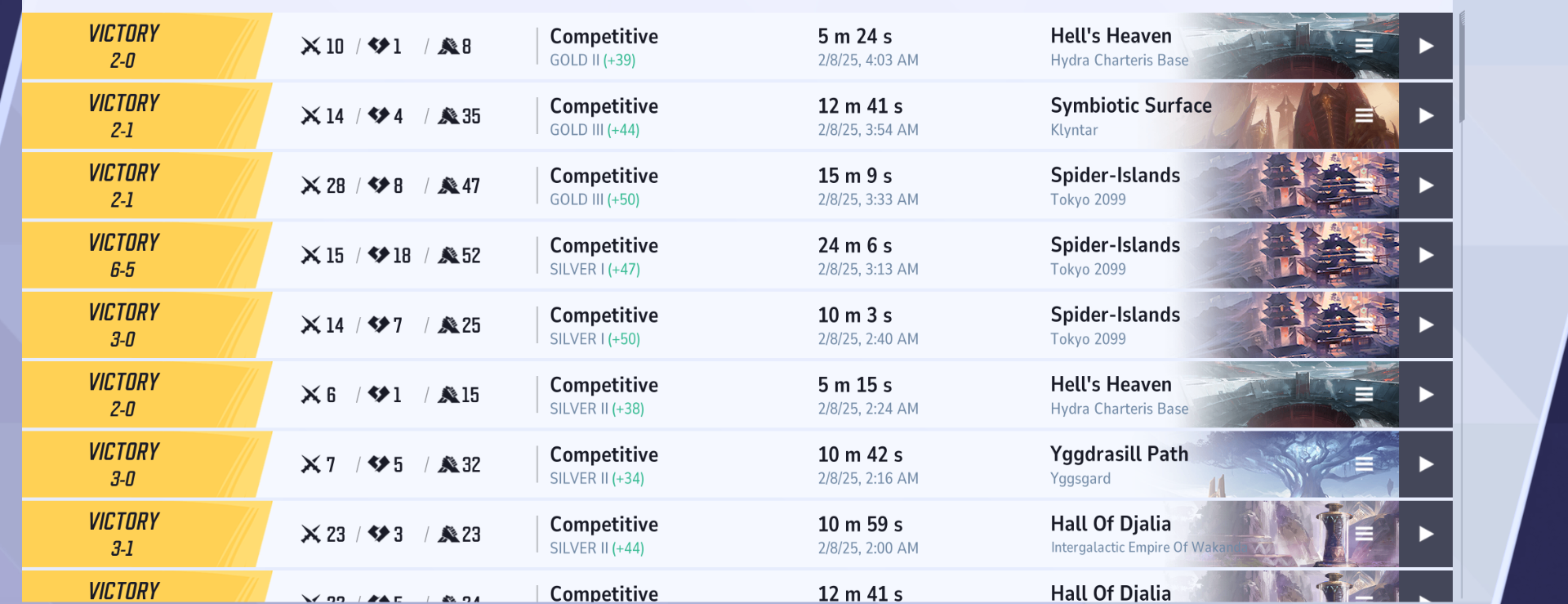 Marvel Rivals competitive match history showing consecutive victories